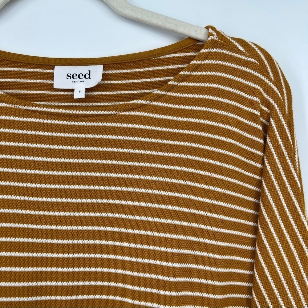 Seed Heritage Roundneck Long Sleeves Mustard Striped Cotton-Blend Casual Shirt